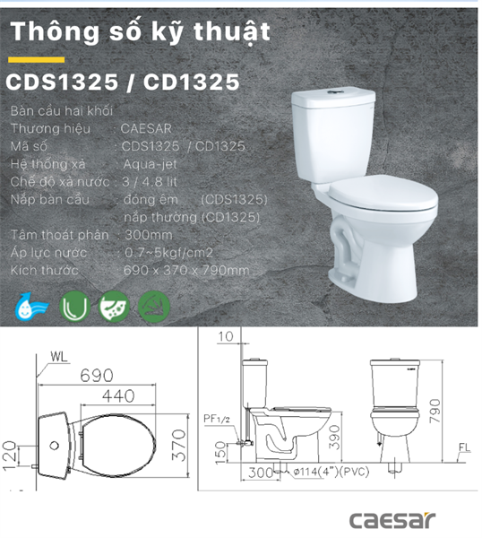  CD1325 Bàn cầu 2 khối nắp thường M220 Caesar 