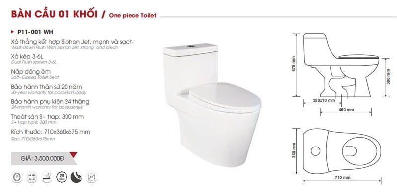  Bàn cầu 1 khối P11-001WH Prime ĐÃ GIẢM 