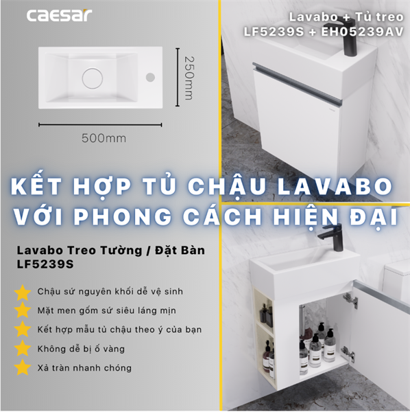 LAVABO LF5239S VUÔNG TREO CAESAR 
