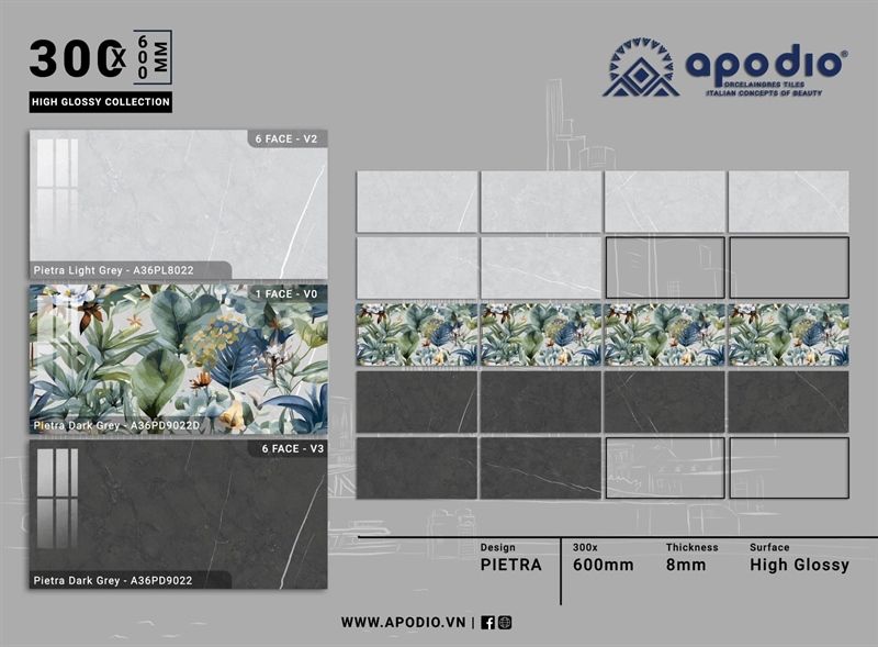  30*60 8022 Gạch ốp tường đá bóng màu nhạt 6 face (T=8V=1.44M ) 