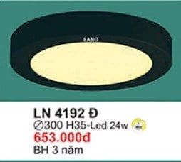  Đèn ốp trần ln4192đen phi300 h35 led 24w sano 