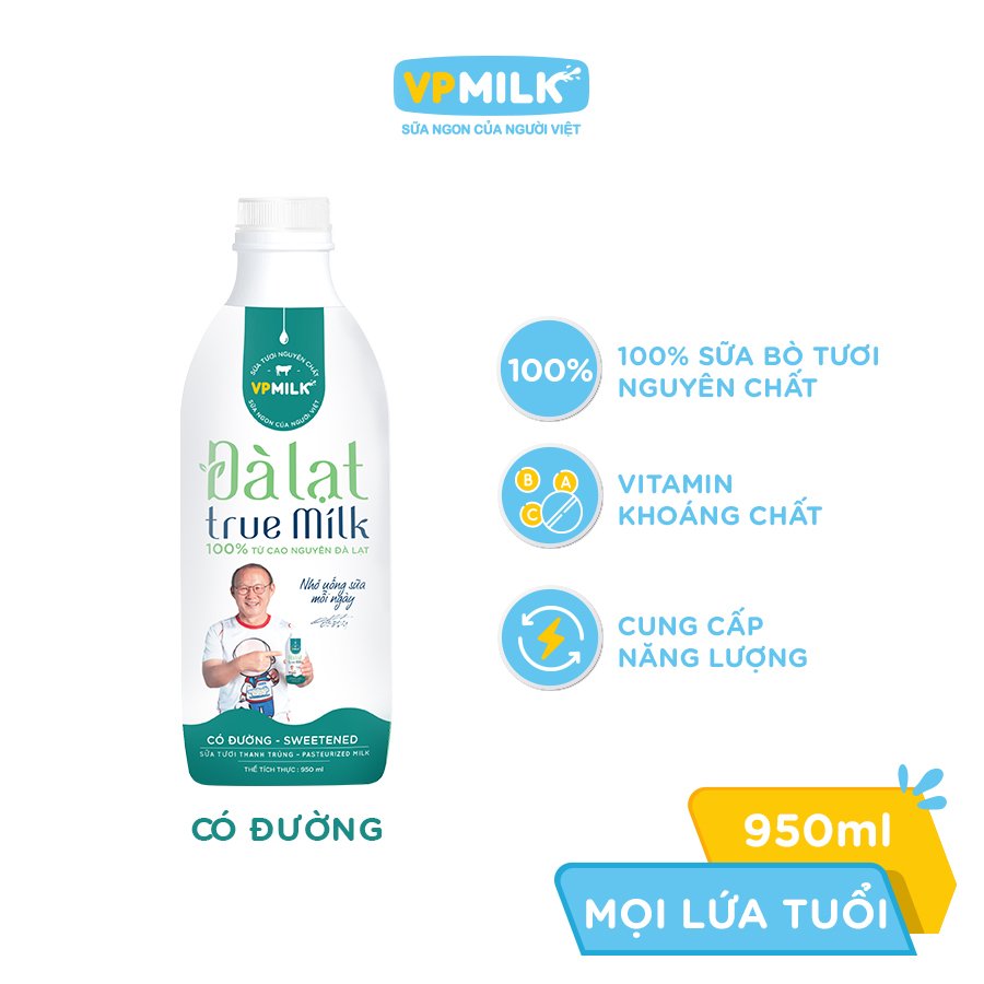 Sữa Tươi Thanh Trùng Đà Lạt True Milk 950ml Có Đường
