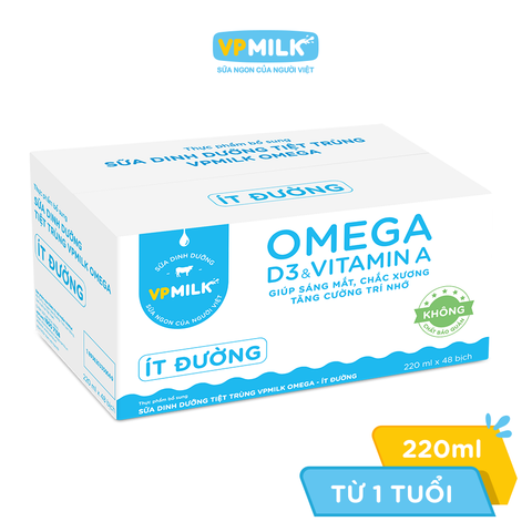 Thùng 48 bịch Sữa Dinh Dưỡng Tiệt Trùng VPMilk Omega Có Đường/Ít Đường/Không Đường (220ml)