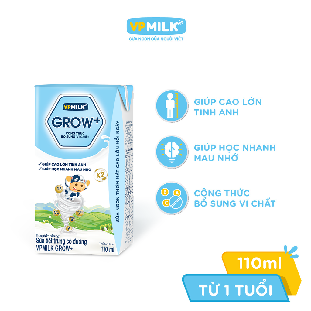 Thùng 48 hộp sữa Tiệt Trùng VPMilk Grow+ Có Đường/Ít Đường/ Vị Dâu (110ml/180ml)