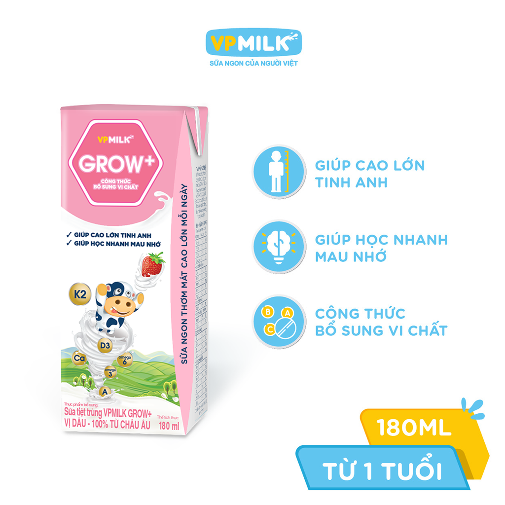 Thùng 48 hộp sữa Tiệt Trùng VPMilk Grow+ Có Đường/Ít Đường/ Vị Dâu (110ml/180ml)