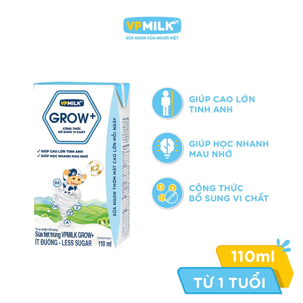 Thùng 48 hộp sữa Tiệt Trùng VPMilk Grow+ Có Đường/Ít Đường/ Vị Dâu (110ml/180ml)