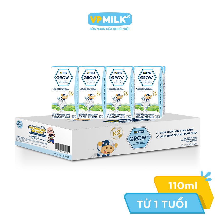 Thùng 48 hộp sữa Tiệt Trùng VPMilk Grow+ Có Đường/Ít Đường/ Vị Dâu (110ml/180ml)