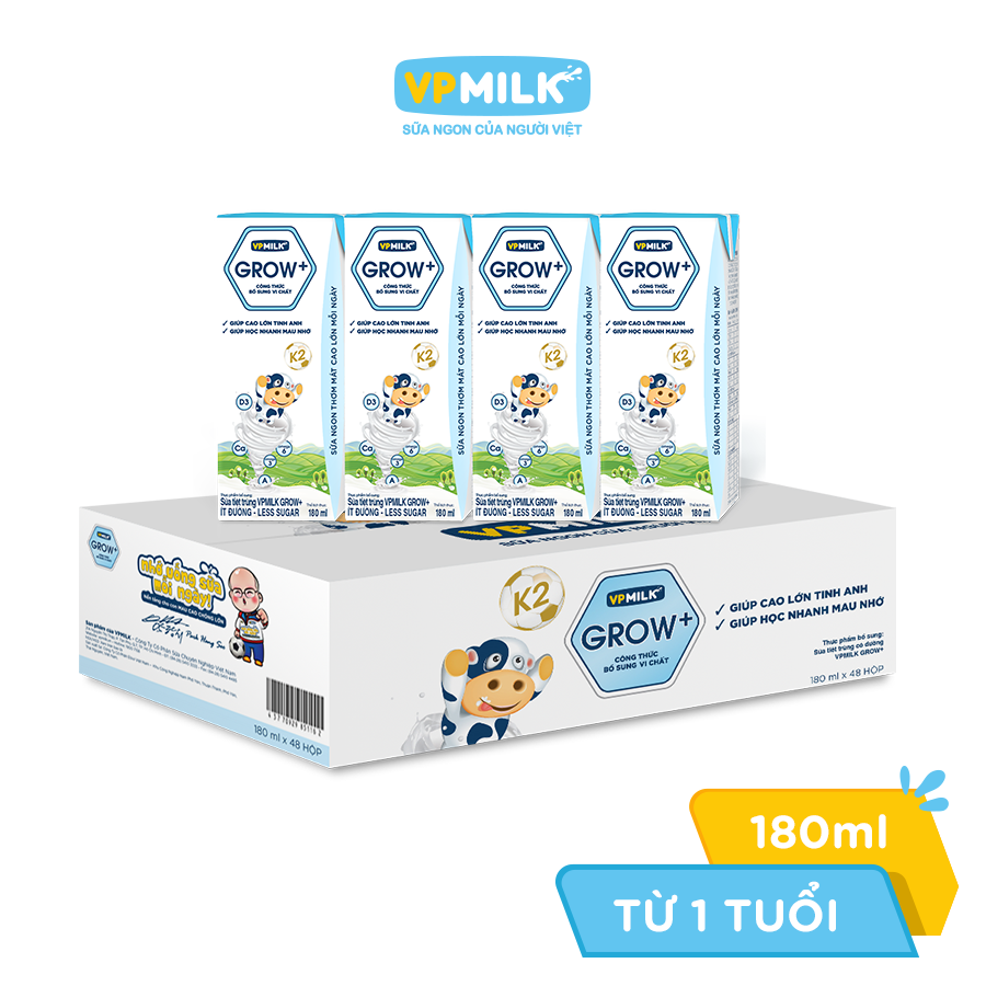 Thùng 48 hộp sữa Tiệt Trùng VPMilk Grow+ Có Đường/Ít Đường/ Vị Dâu (110ml/180ml)