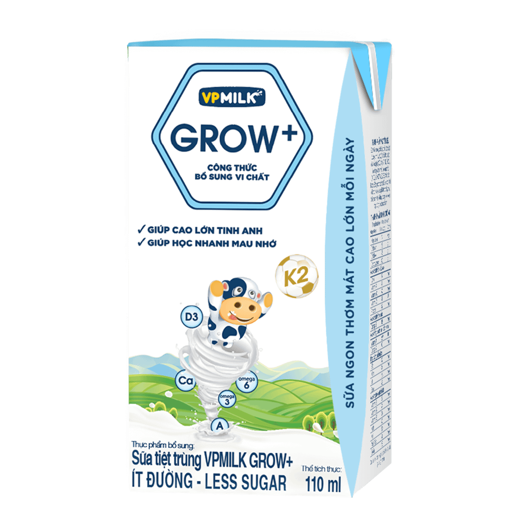 Thùng 48 hộp sữa Tiệt Trùng VPMilk Grow+ Ít Đường (110ml/180ml)