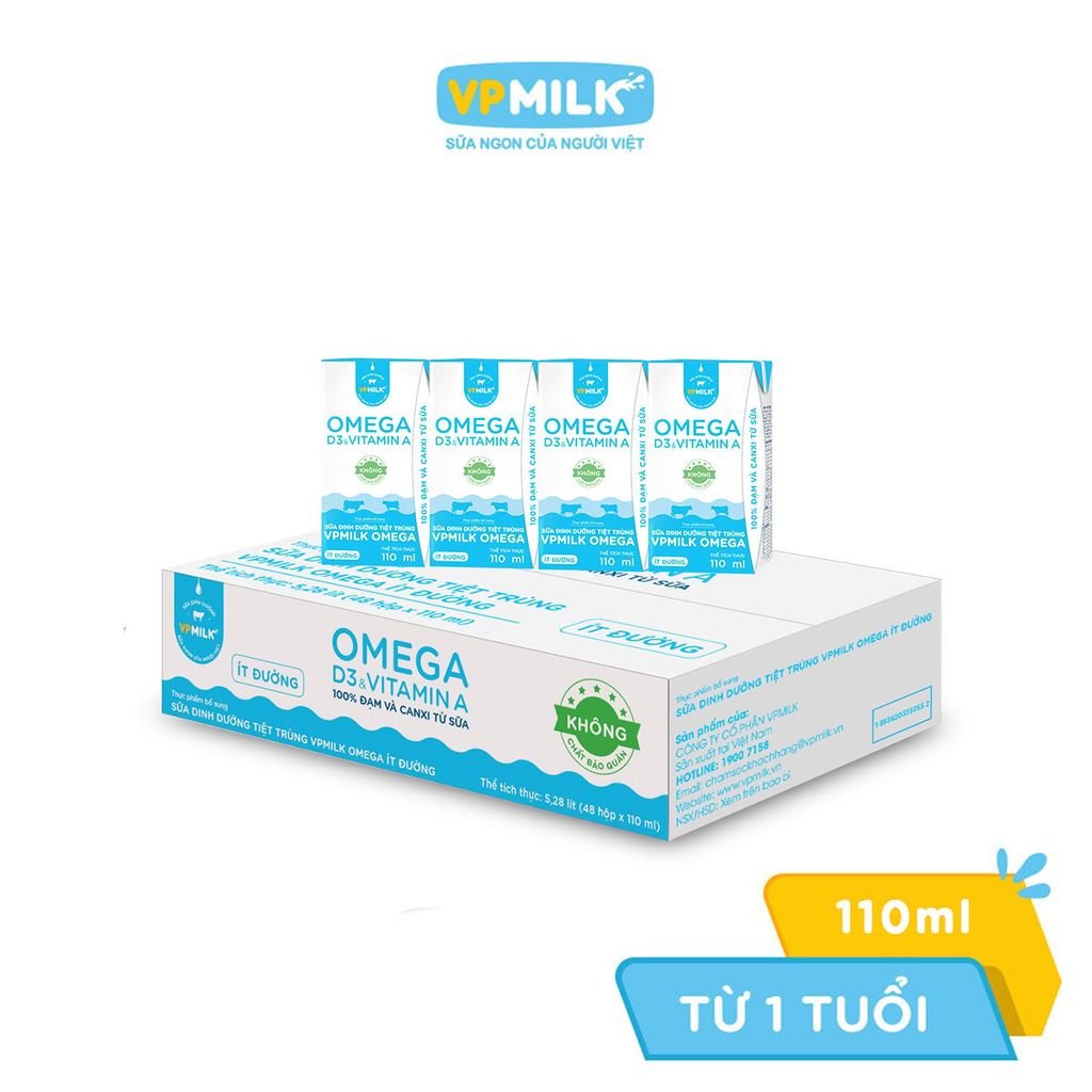[Thùng 48 hộp] Sữa Dinh Dưỡng Tiệt Trùng VPMilk Omega - Có Đường/Ít đường
