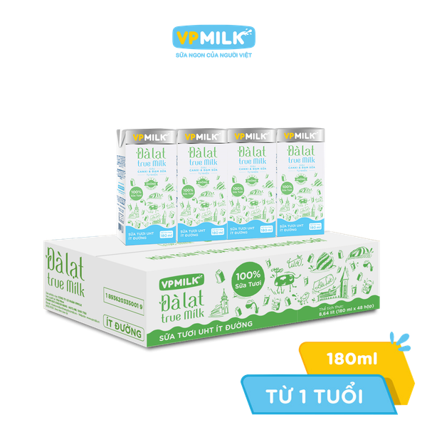 DATE -  Thùng 48 hộp Sữa Tươi Nguyên Chất UHT Đà Lạt True Milk Không Đường/Ít đường 180ml