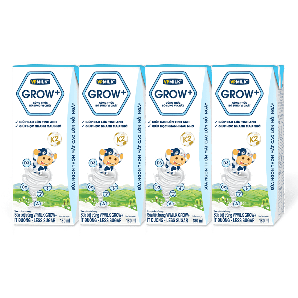 Thùng 48 hộp sữa Tiệt Trùng VPMilk Grow+ Ít Đường (110ml/180ml)