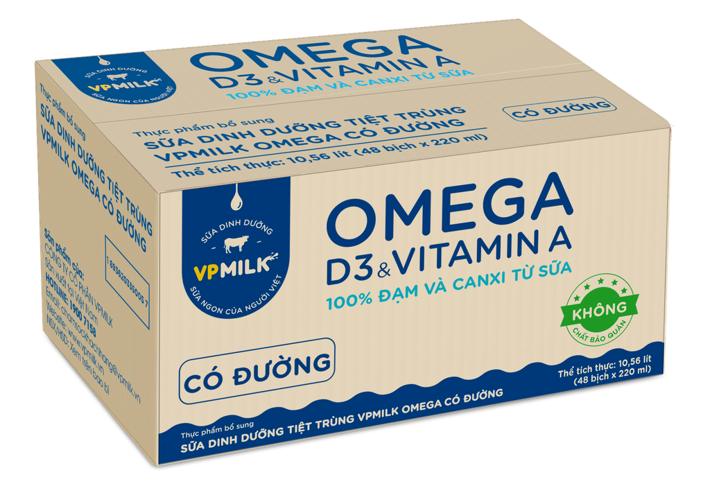 Thùng 48 bịch Sữa Dinh Dưỡng Tiệt Trùng VPMilk Omega Có Đường/Ít Đường/Không Đường (220ml)