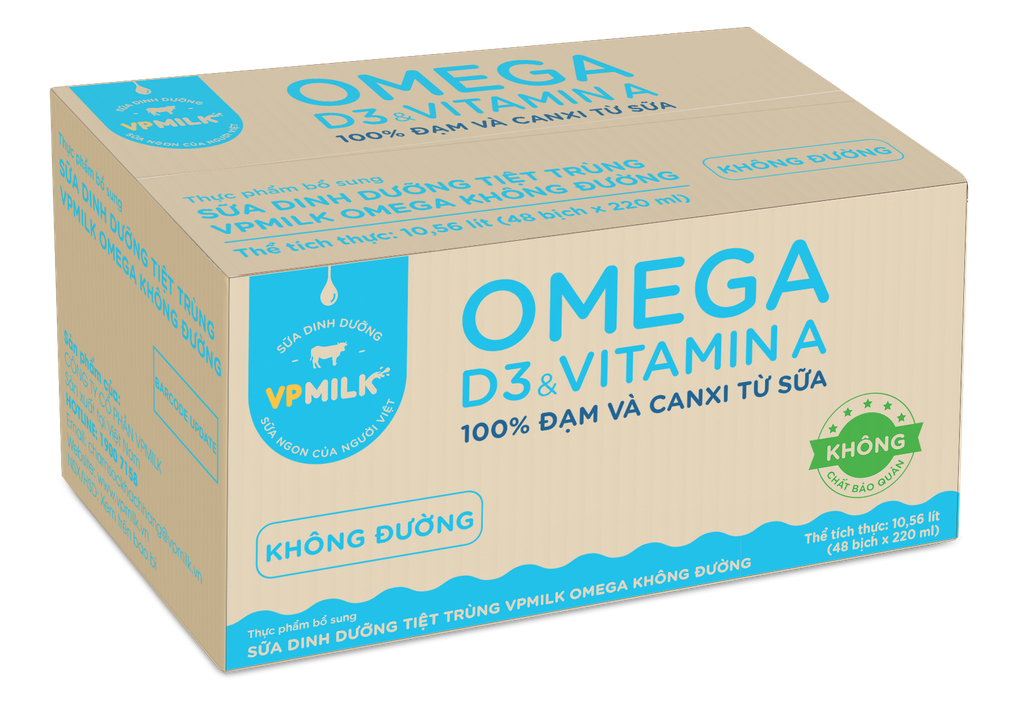 Thùng 48 bịch Sữa Dinh Dưỡng Tiệt Trùng VPMilk Omega Có Đường/Ít Đường/Không Đường (220ml)
