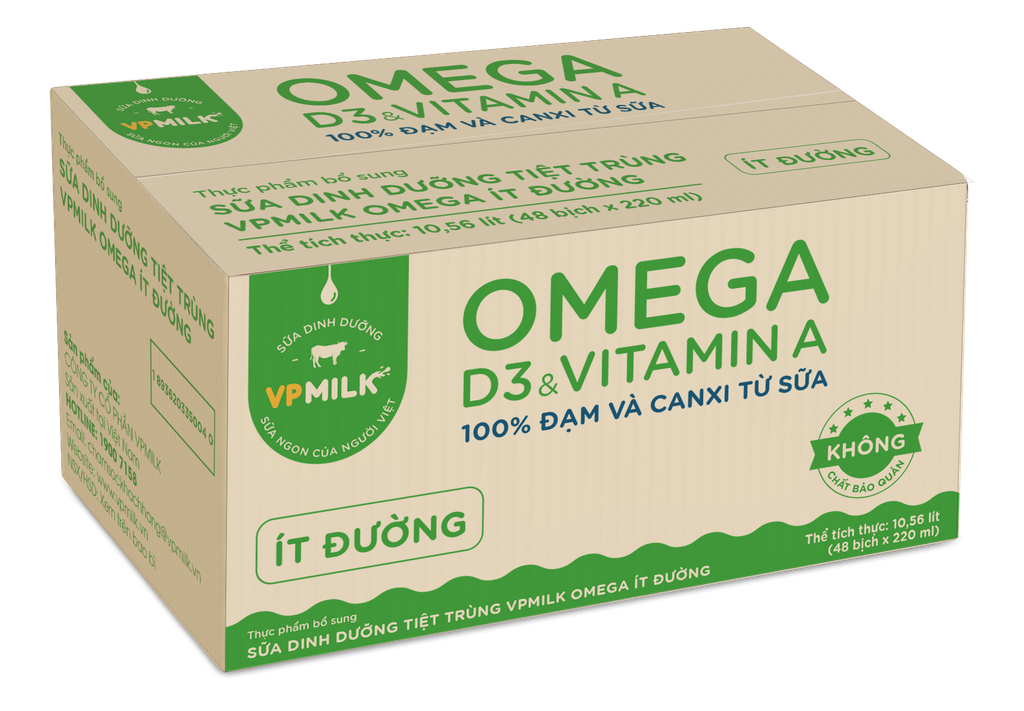 Thùng 48 bịch Sữa Dinh Dưỡng Tiệt Trùng VPMilk Omega Có Đường/Ít Đường/Không Đường (220ml)