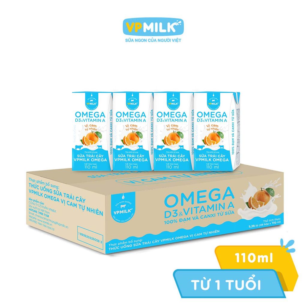 Sữa trái cây VPMILK Omega vị cam tự nhiên hộp 110ml/180ml