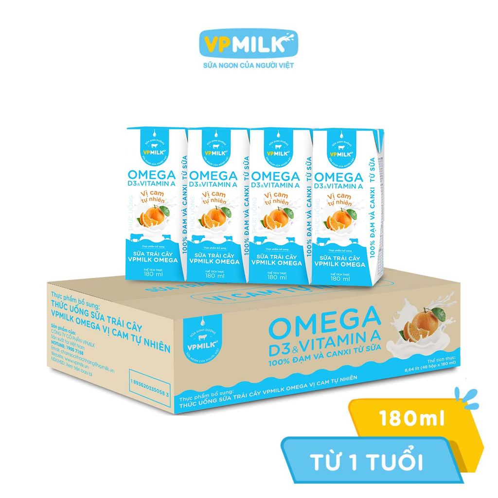 Sữa trái cây VPMILK Omega vị cam tự nhiên hộp 110ml/180ml