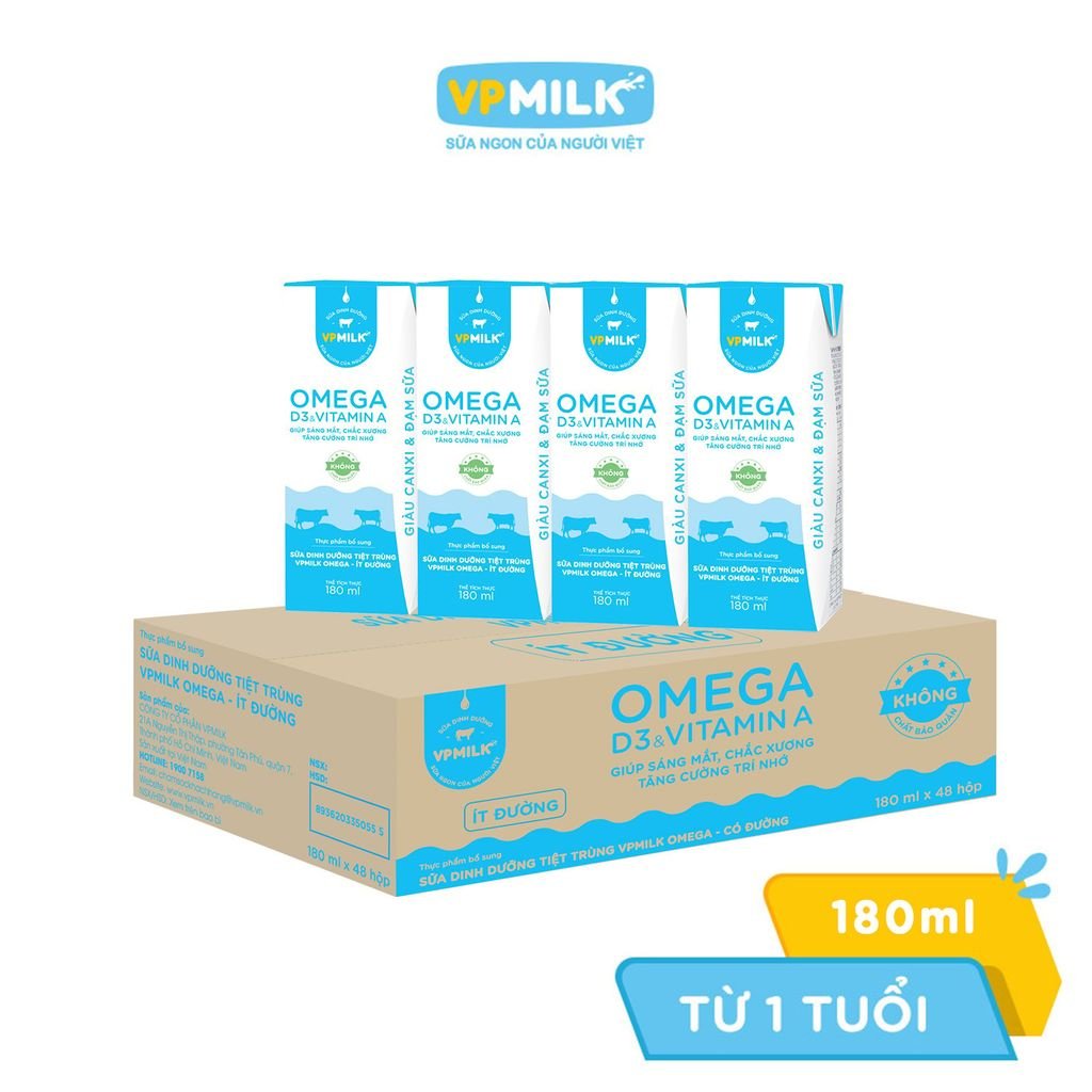 [Thùng 48 hộp] Sữa Dinh Dưỡng Tiệt Trùng VPMilk Omega - Có Đường/Ít đường