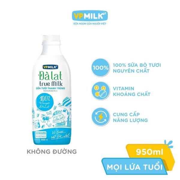 Sữa Tươi Thanh Trùng Đà Lạt True Milk không đường/ít đường (200ml/450ml/950ml)