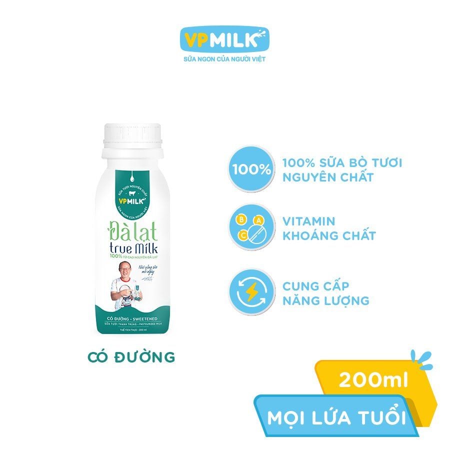 Sữa Tươi Thanh Trùng Đà Lạt True Milk không đường/ít đường (200ml/450ml/950ml)