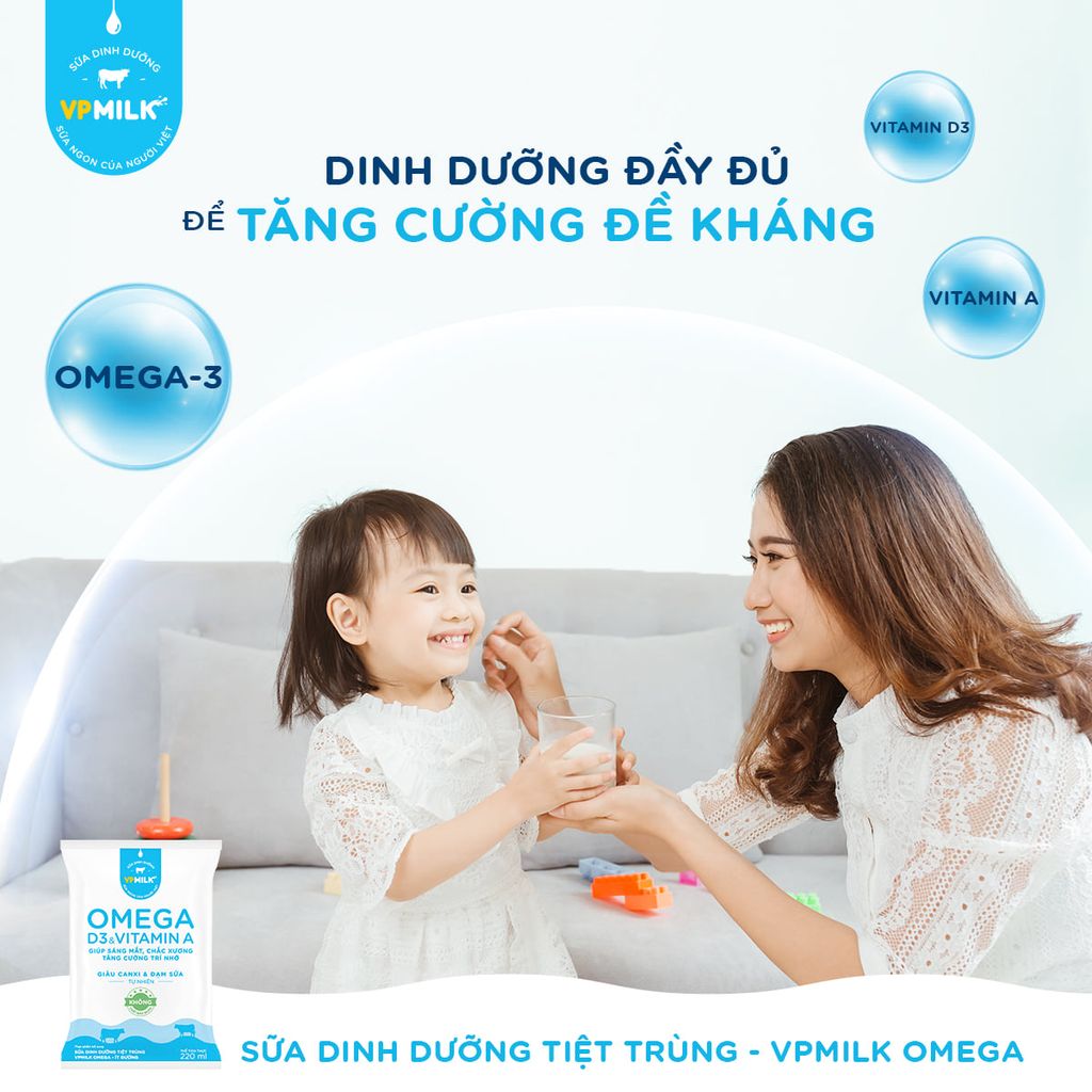 Thùng 48 bịch Sữa Dinh Dưỡng Tiệt Trùng VPMilk Omega Có Đường/Ít Đường/Không Đường (220ml)