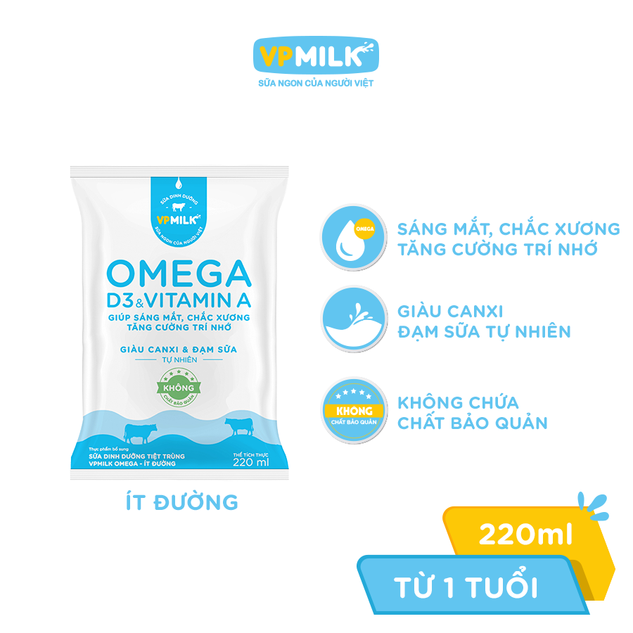 Thùng 48 bịch Sữa Dinh Dưỡng Tiệt Trùng VPMilk Omega Có Đường/Ít Đường/Không Đường (220ml)