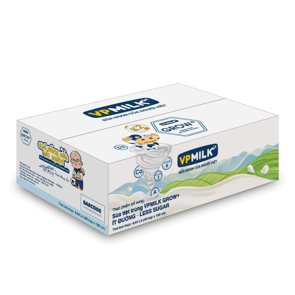 Thùng 48 hộp sữa Tiệt Trùng VPMilk Grow+ Ít Đường (110ml/180ml)