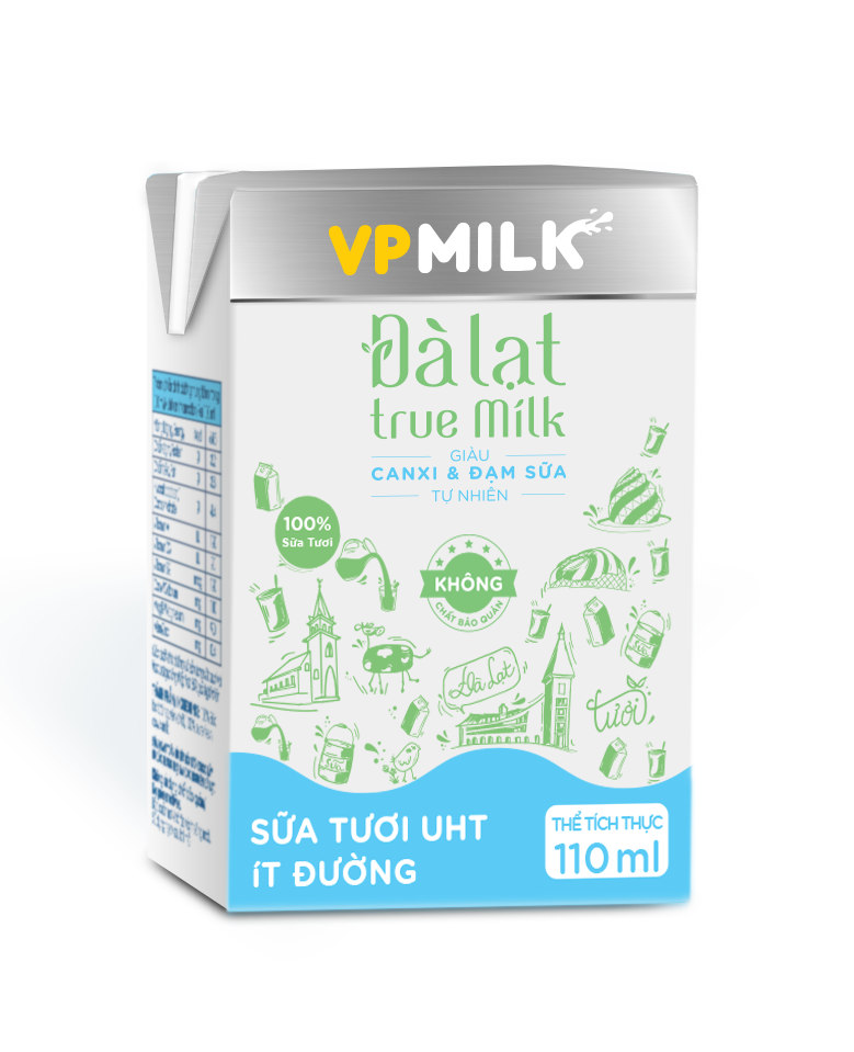 Sữa Tươi Nguyên Chất UHT Đà Lạt True Milk ÍT ĐƯỜNG (110ml/180ml)