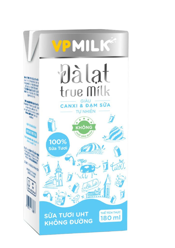 Sữa Tươi Nguyên Chất UHT Đà Lạt True Milk KHÔNG ĐƯỜNG 180ml