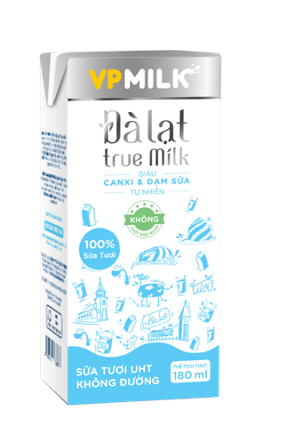 Sữa Tươi Nguyên Chất UHT Đà Lạt True Milk KHÔNG ĐƯỜNG 180ml