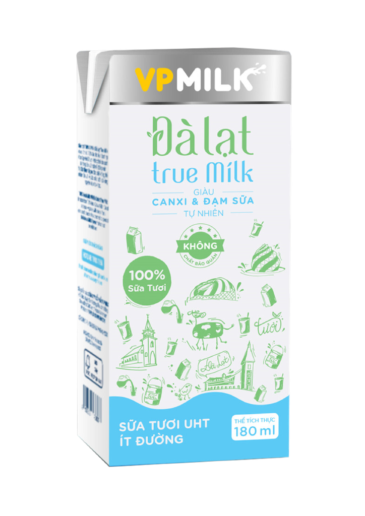 Sữa Tươi Nguyên Chất UHT Đà Lạt True Milk ÍT ĐƯỜNG (110ml/180ml)