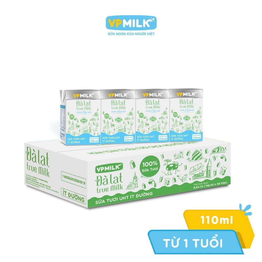 Thùng 48 hộp Sữa Tươi Nguyên Chất UHT Đà Lạt True Milk Không Đường/Ít đường (110ml/180ml)