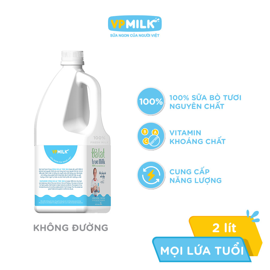Sữa Tươi Thanh Trùng Đà Lạt True Milk 2L Không Đường