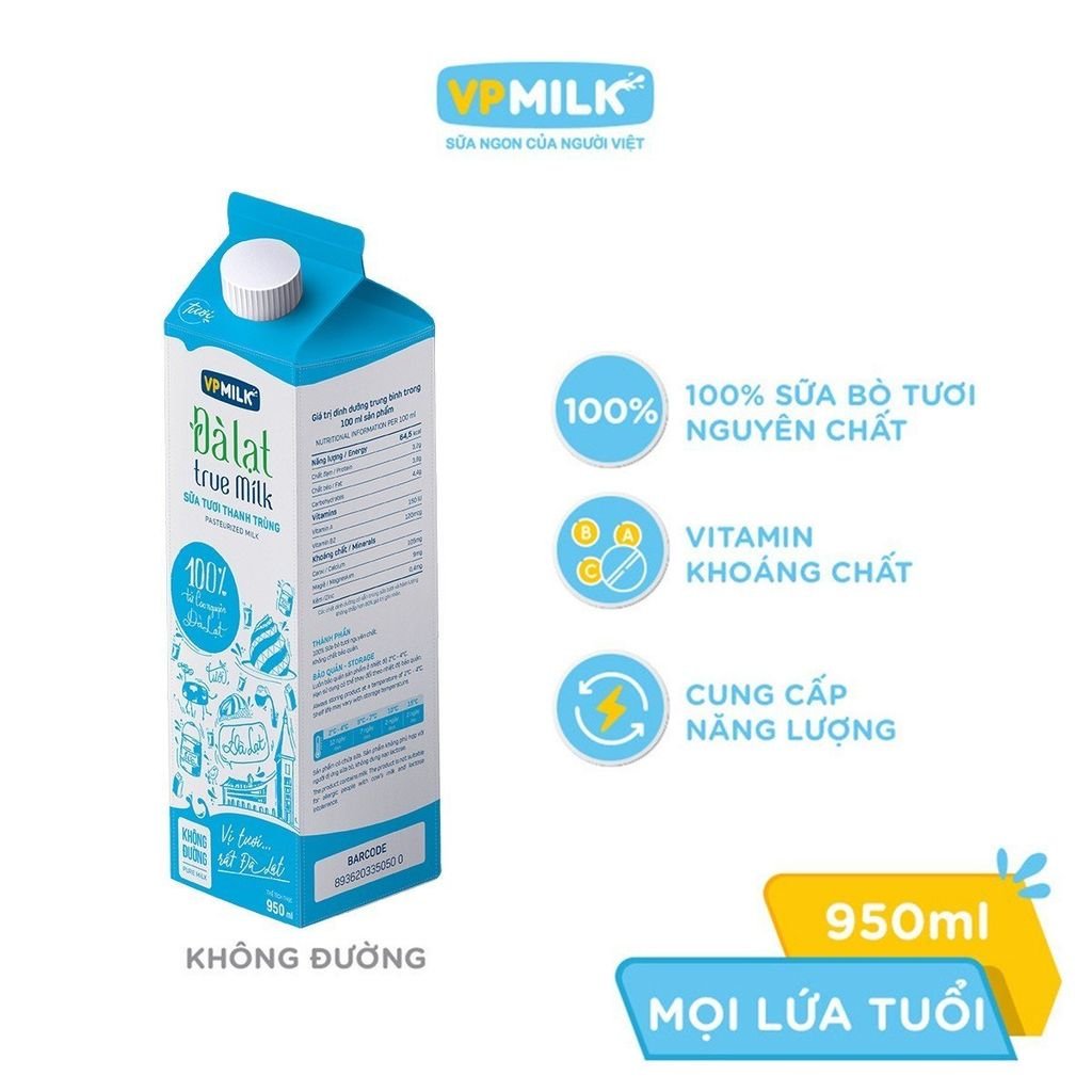 Sữa Tươi Thanh Trùng Đà Lạt True Milk không đường/ít đường (200ml/450ml/950ml)