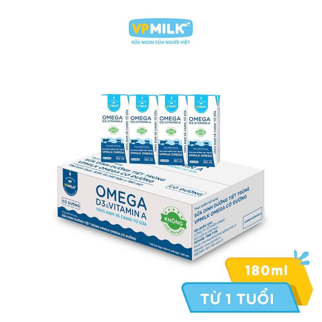 [Thùng 48 hộp] Sữa Dinh Dưỡng Tiệt Trùng VPMilk Omega - Có Đường/Ít đường