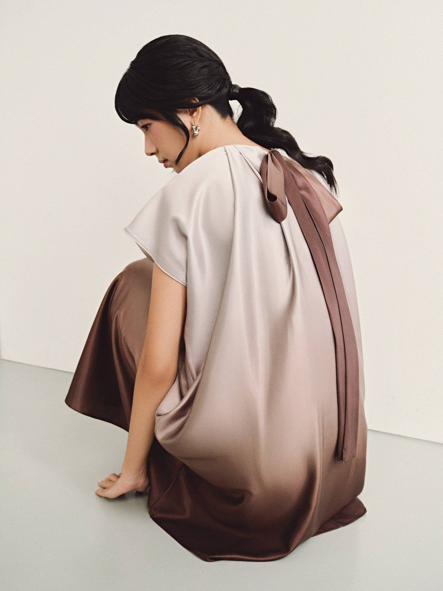  Đầm lụa loang màu thắt nơ | Mauve Ombre dress 