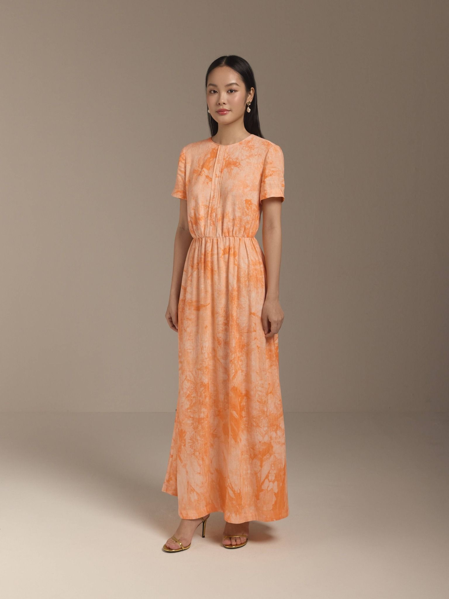  Đầm linen hoa nhún eo Mauve Flower Speck dress 