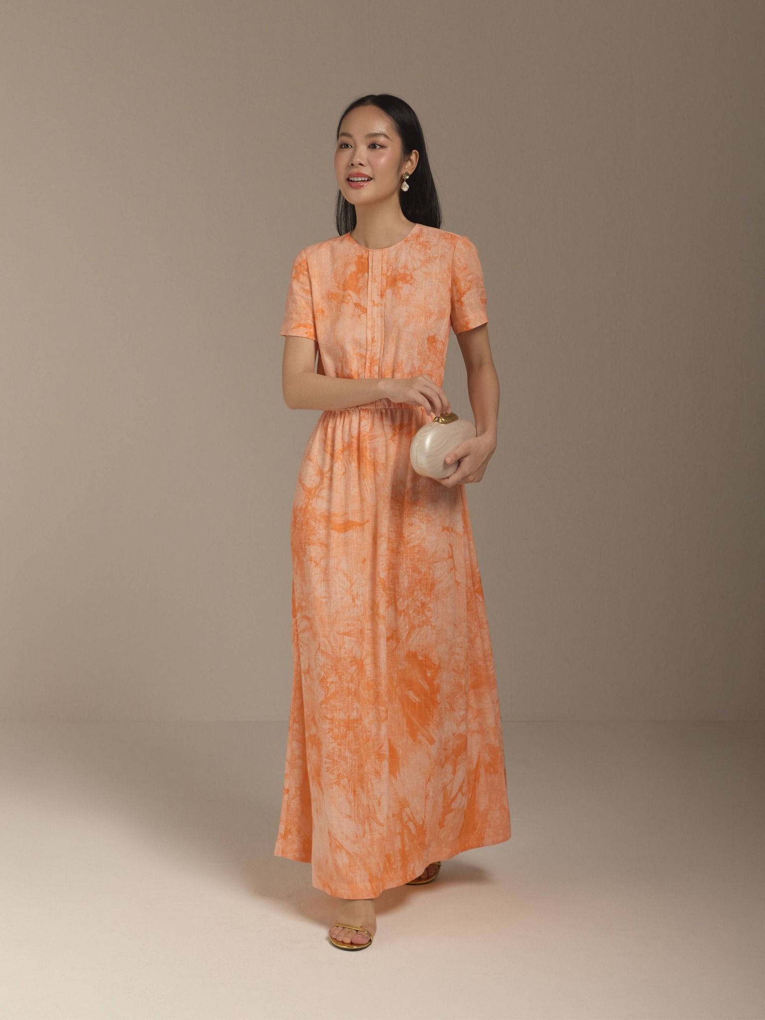  Đầm linen hoa nhún eo Mauve Flower Speck dress 