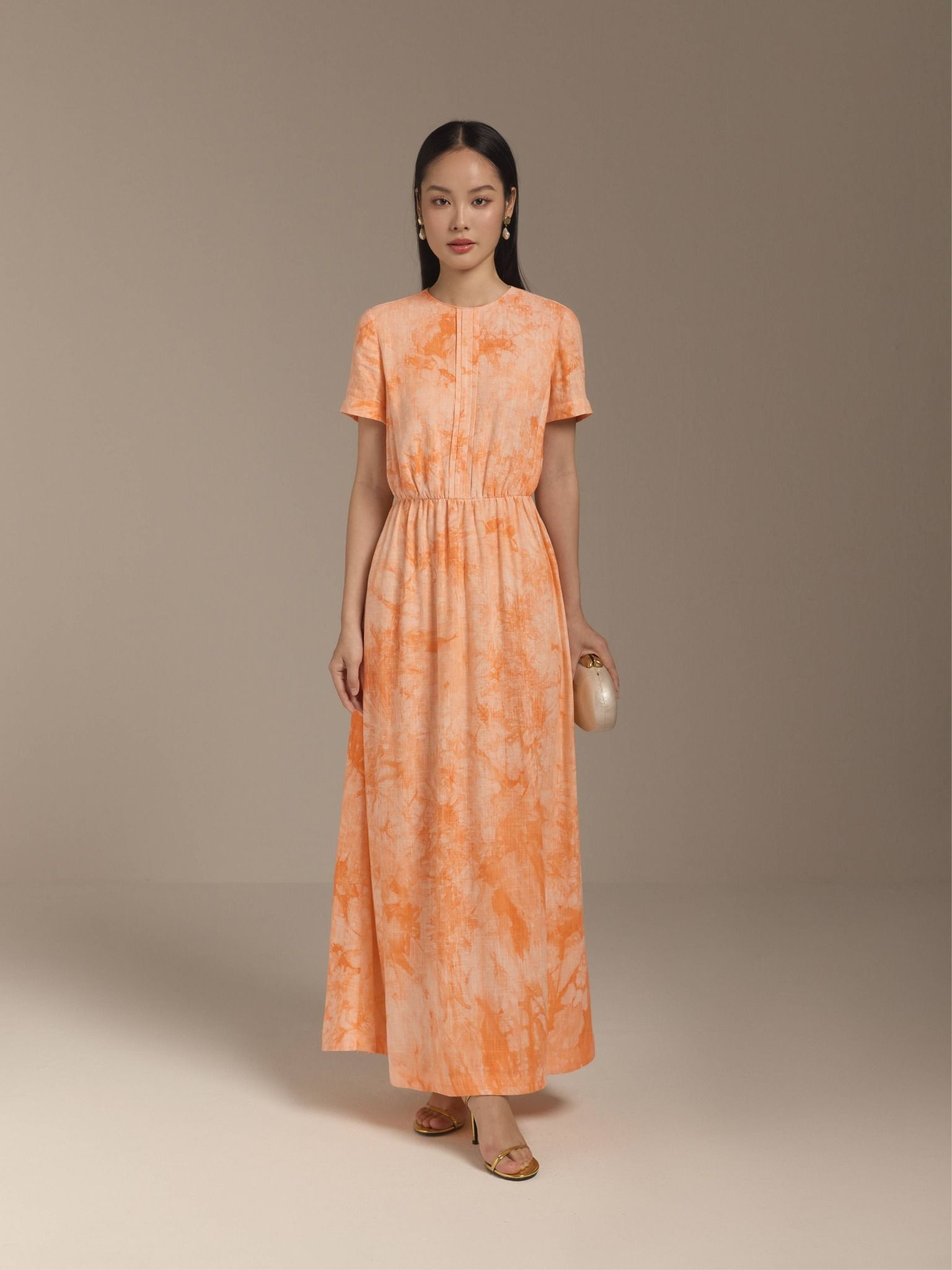  Đầm linen hoa nhún eo Mauve Flower Speck dress 