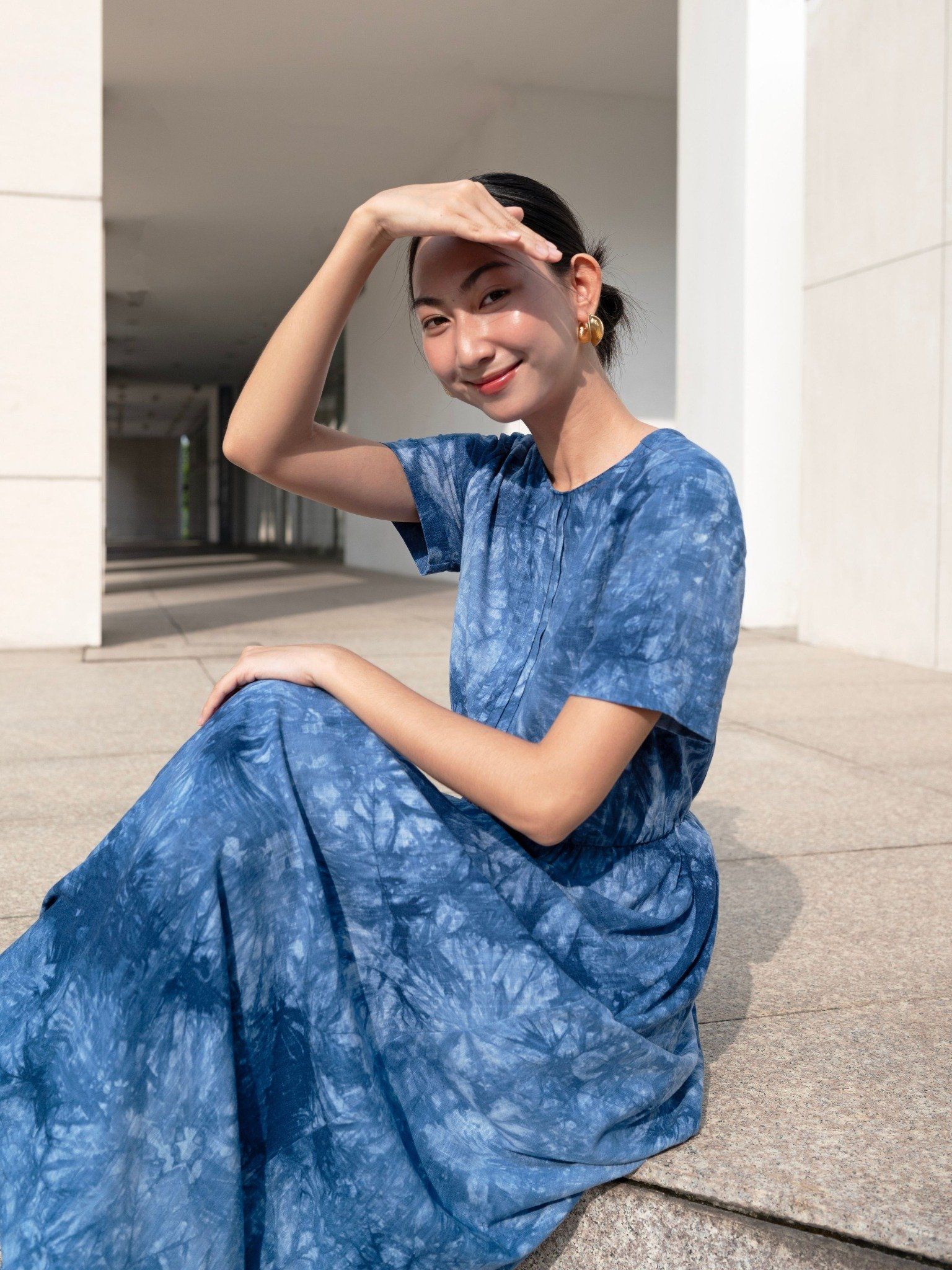  Đầm linen hoa nhún eo Mauve Flower Speck dress 