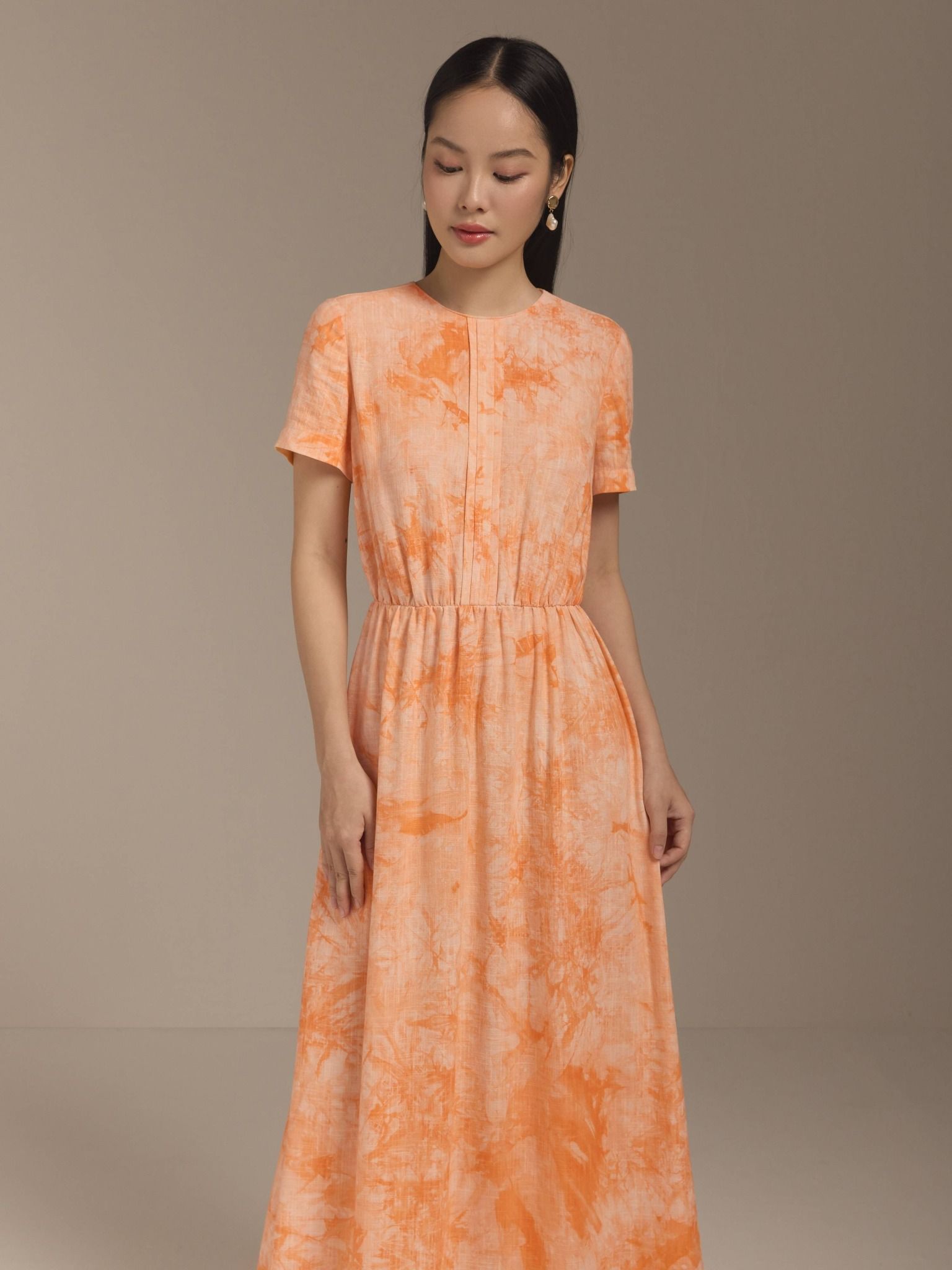  Đầm linen hoa nhún eo Mauve Flower Speck dress 