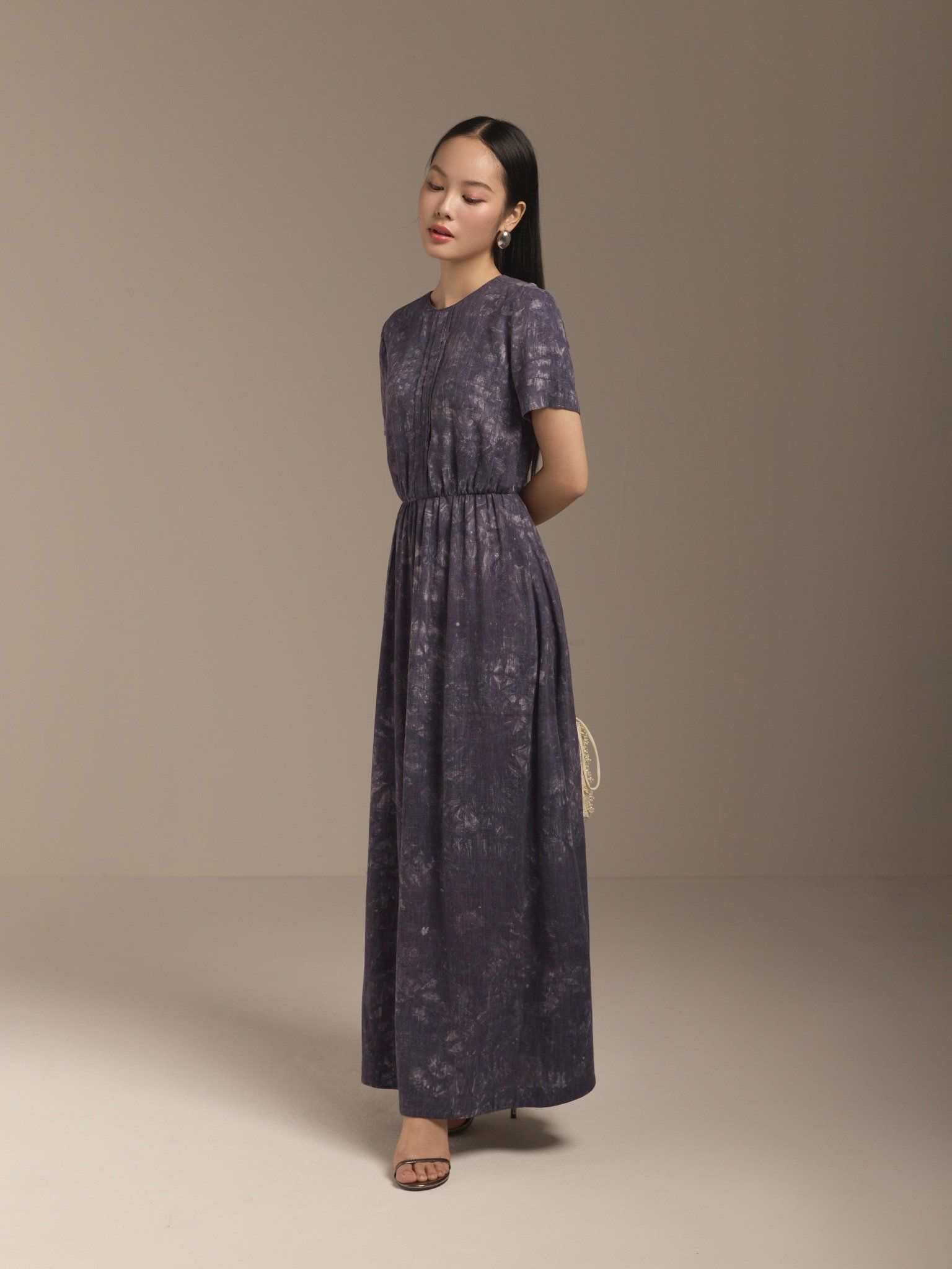  Đầm linen hoa nhún eo Mauve Flower Speck dress 