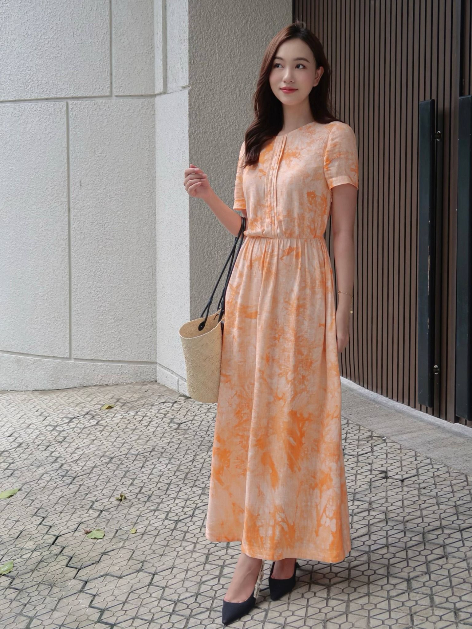  Đầm linen hoa nhún eo Mauve Flower Speck dress 