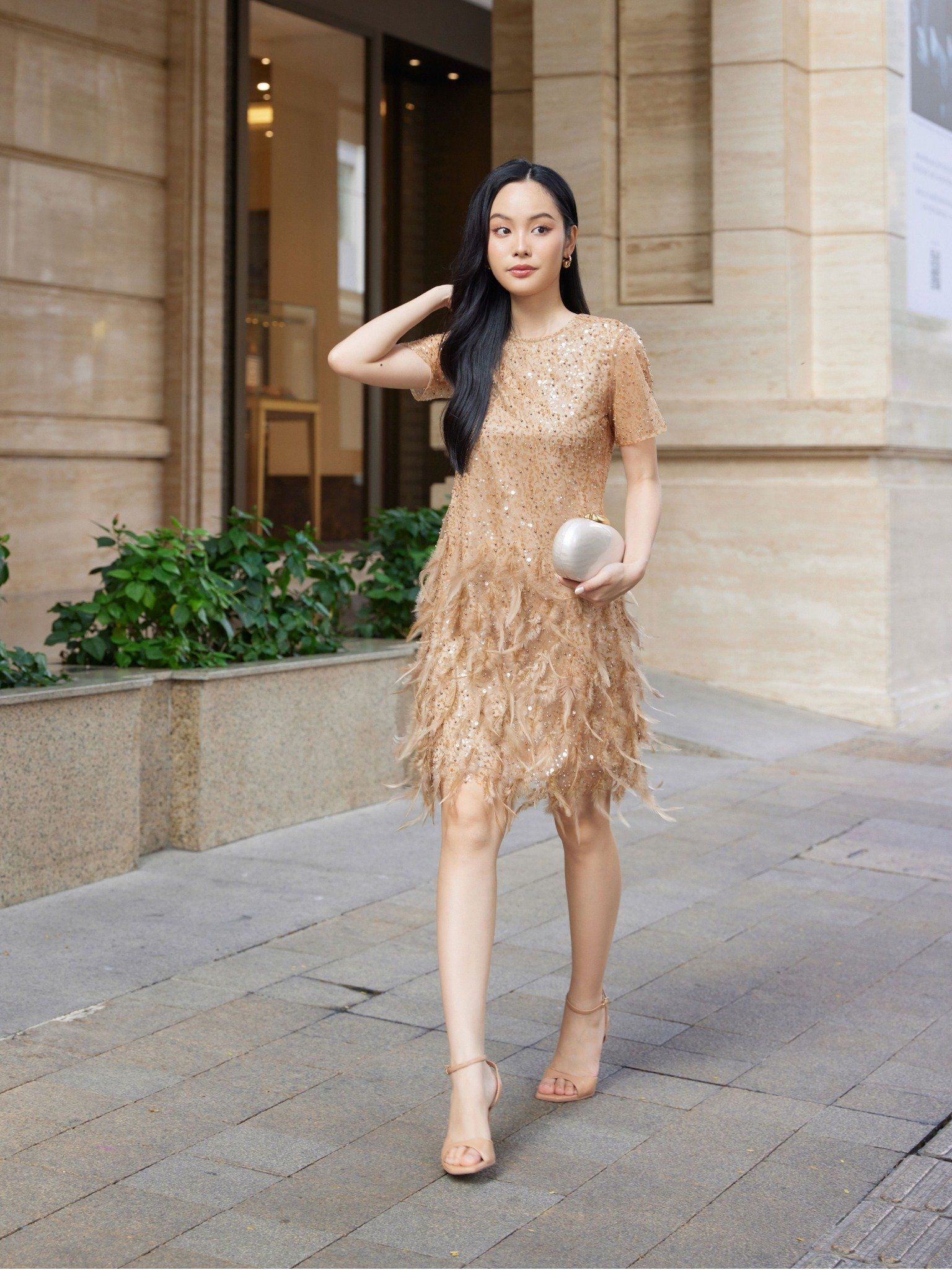  Đầm đính kết lông vũ và hạt | Mauve Mocha dress 