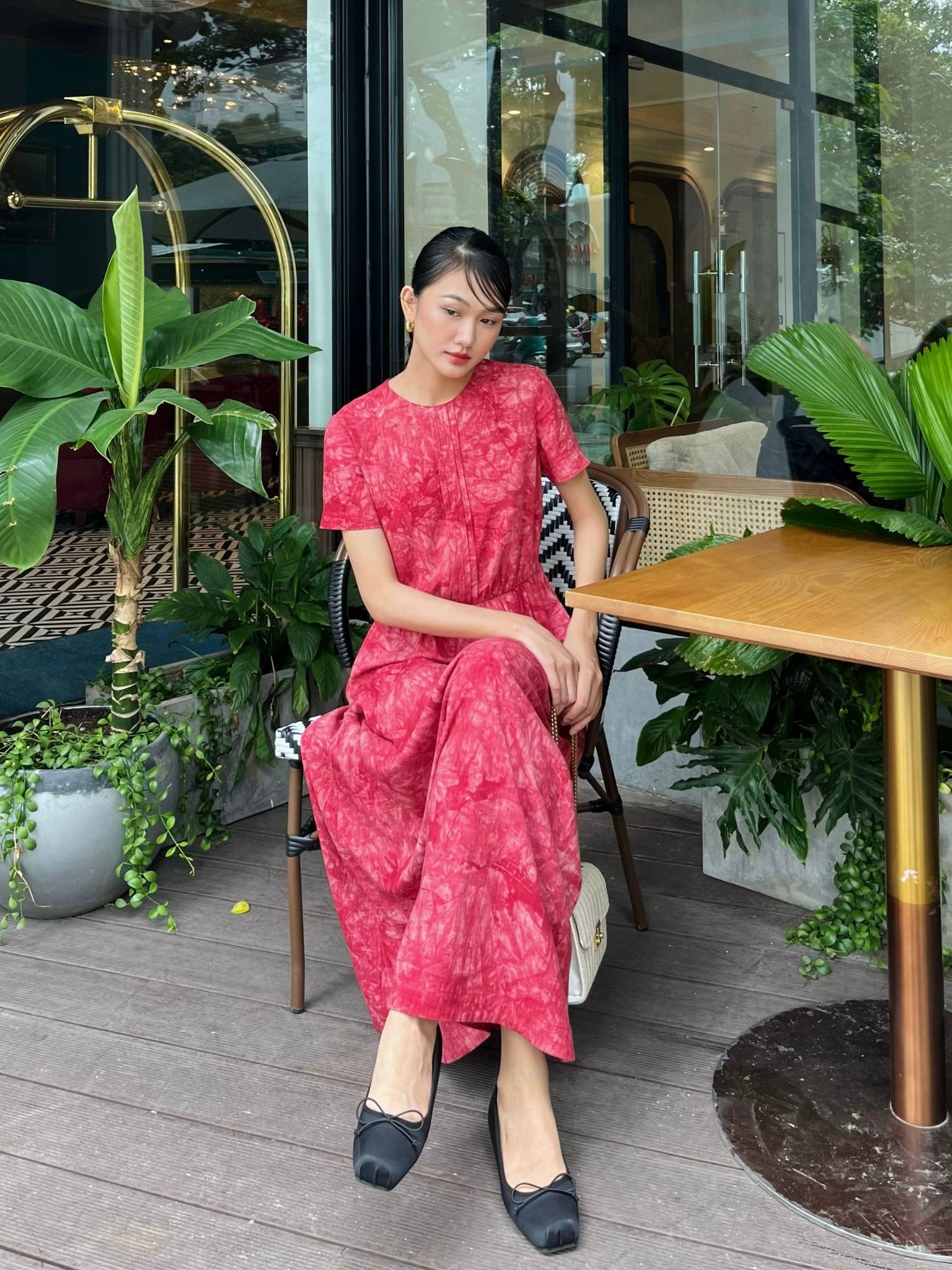  Đầm linen hoa nhún eo Mauve Flower Speck dress 