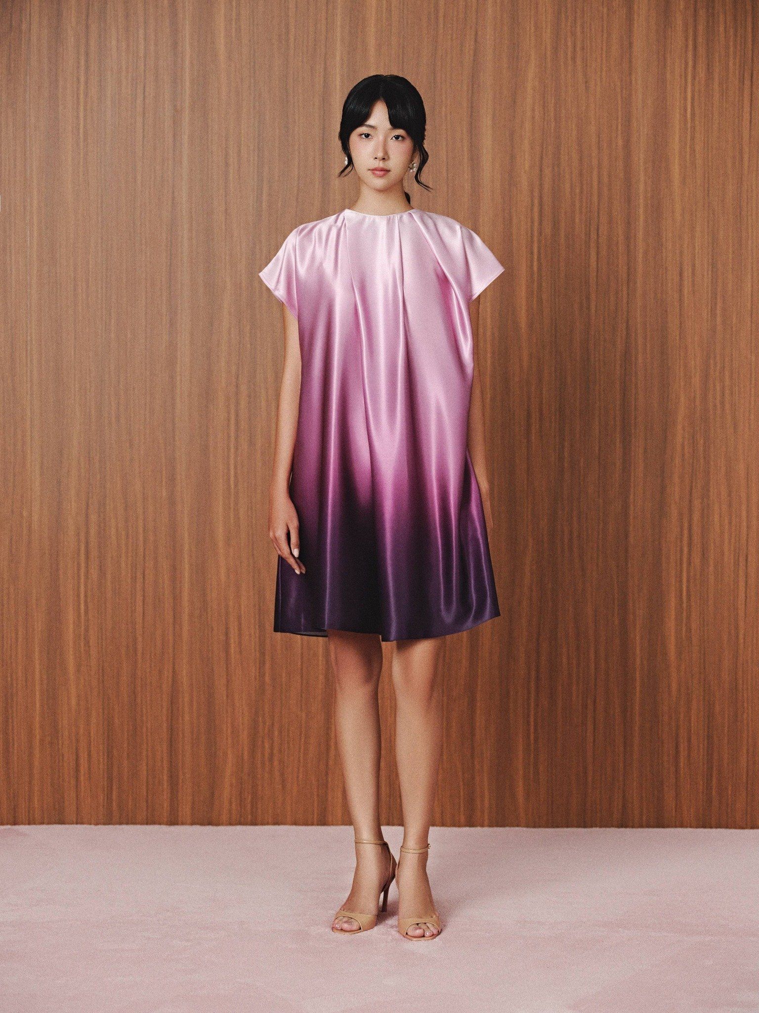  Đầm lụa loang màu thắt nơ | Mauve Ombre dress 