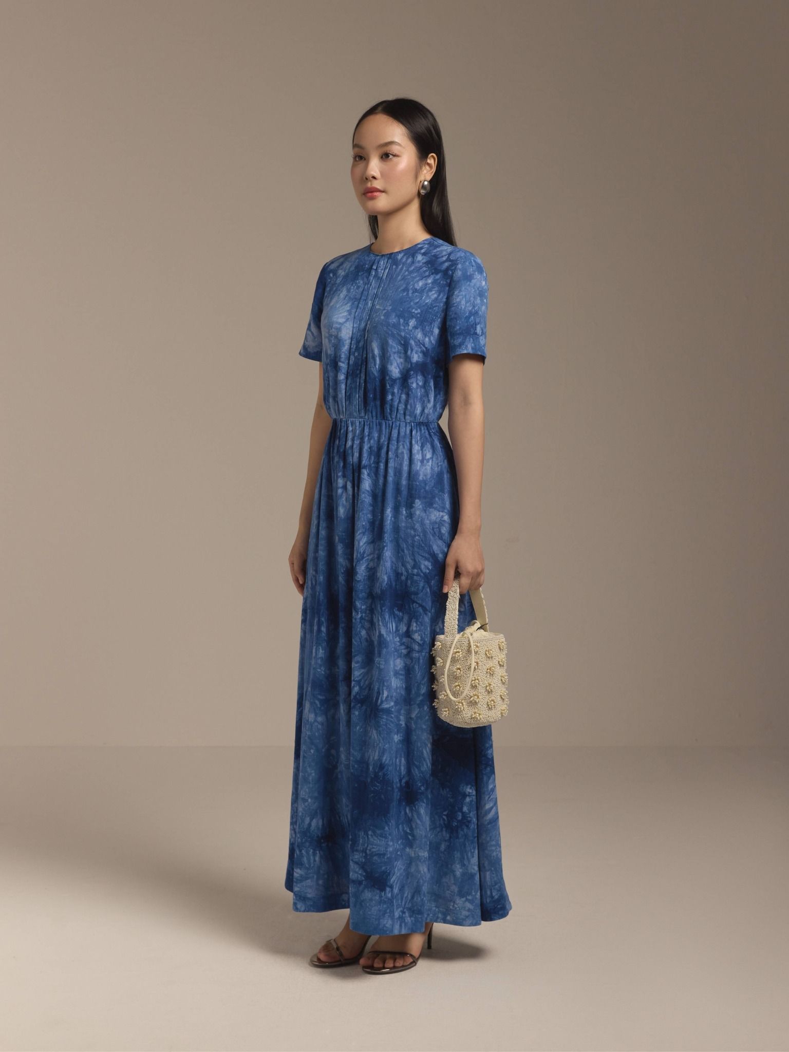 Đầm linen hoa nhún eo Mauve Flower Speck dress 