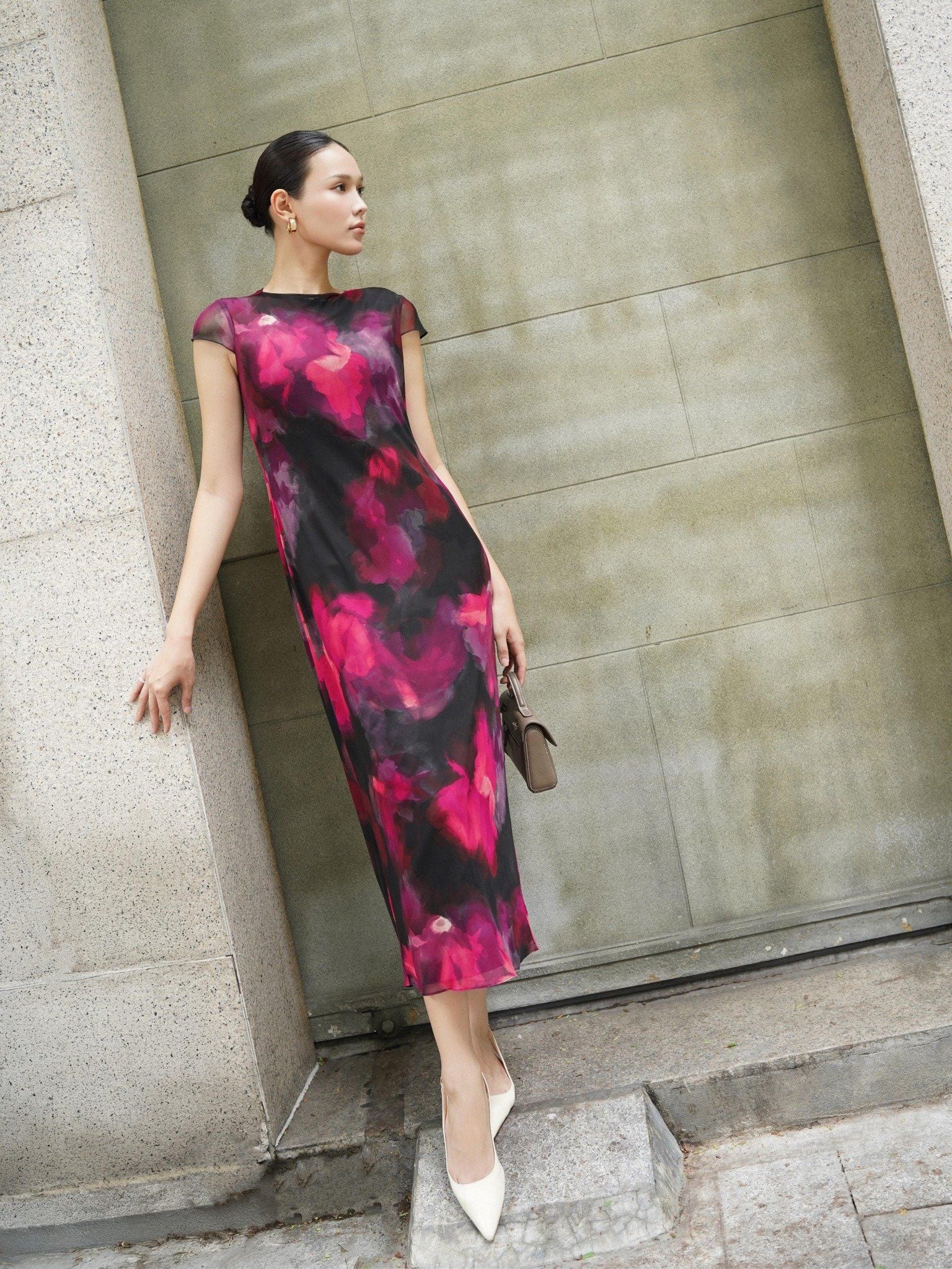  Đầm lụa phối lưới hoa | Mauve Silk Mesh dress 