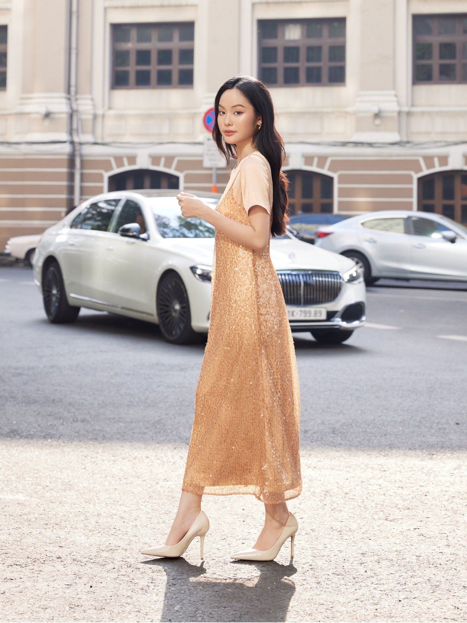  Đầm kim sa phối lụa | Mauve Sequin dress 