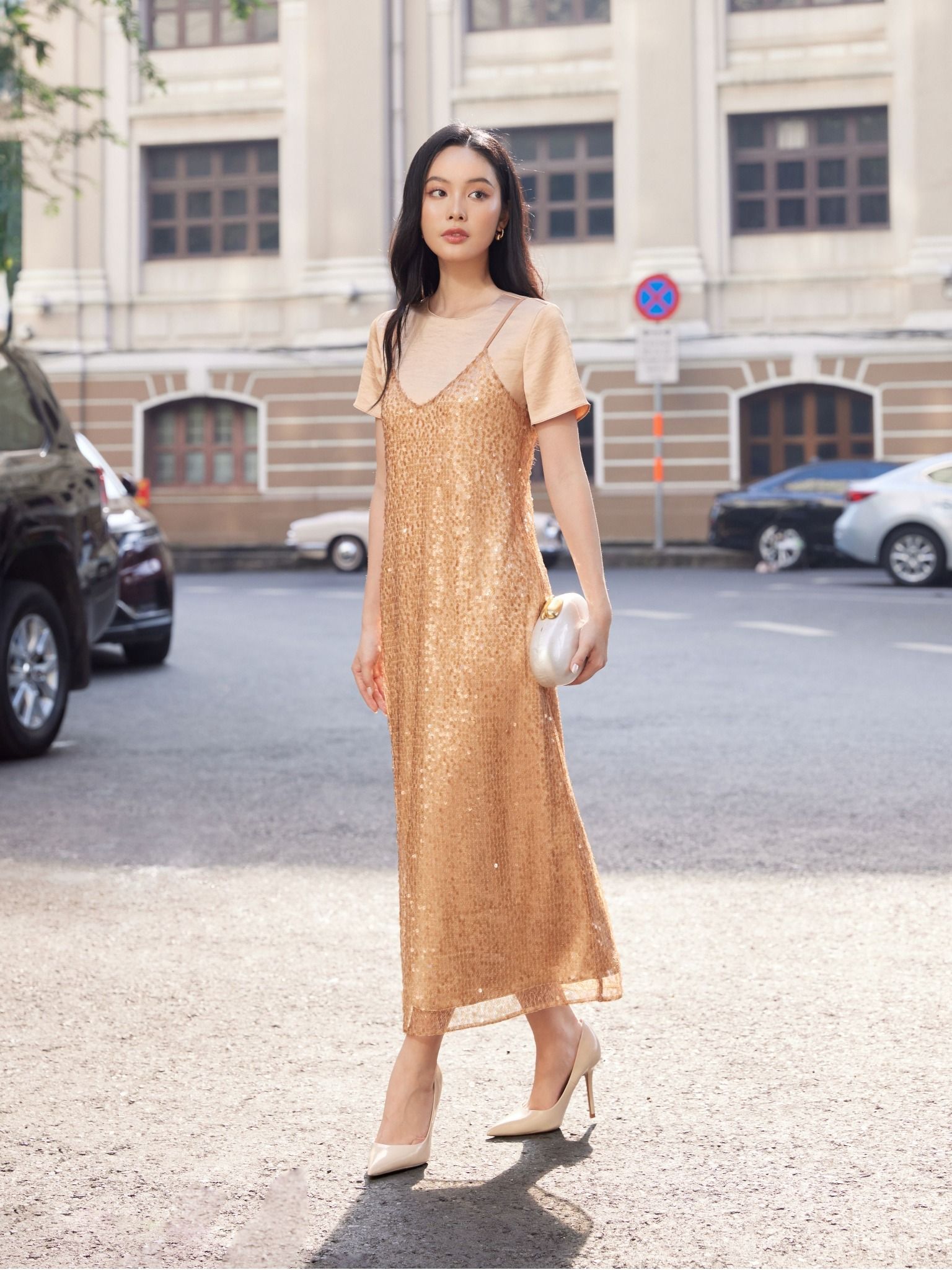  Đầm kim sa phối lụa | Mauve Sequin dress 